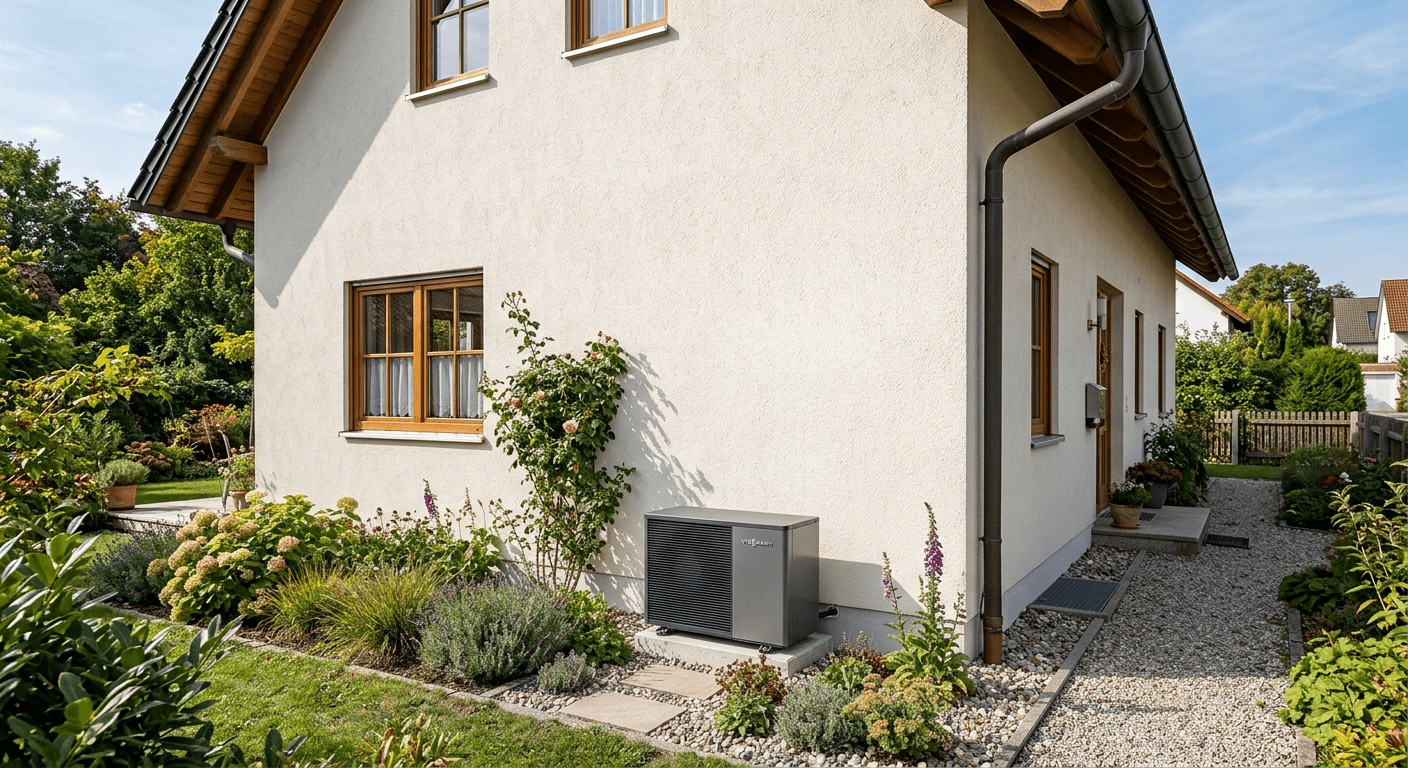 Außeneinheit einer Luft-Wasser-Wärmepumpe neben einem Wohnhaus