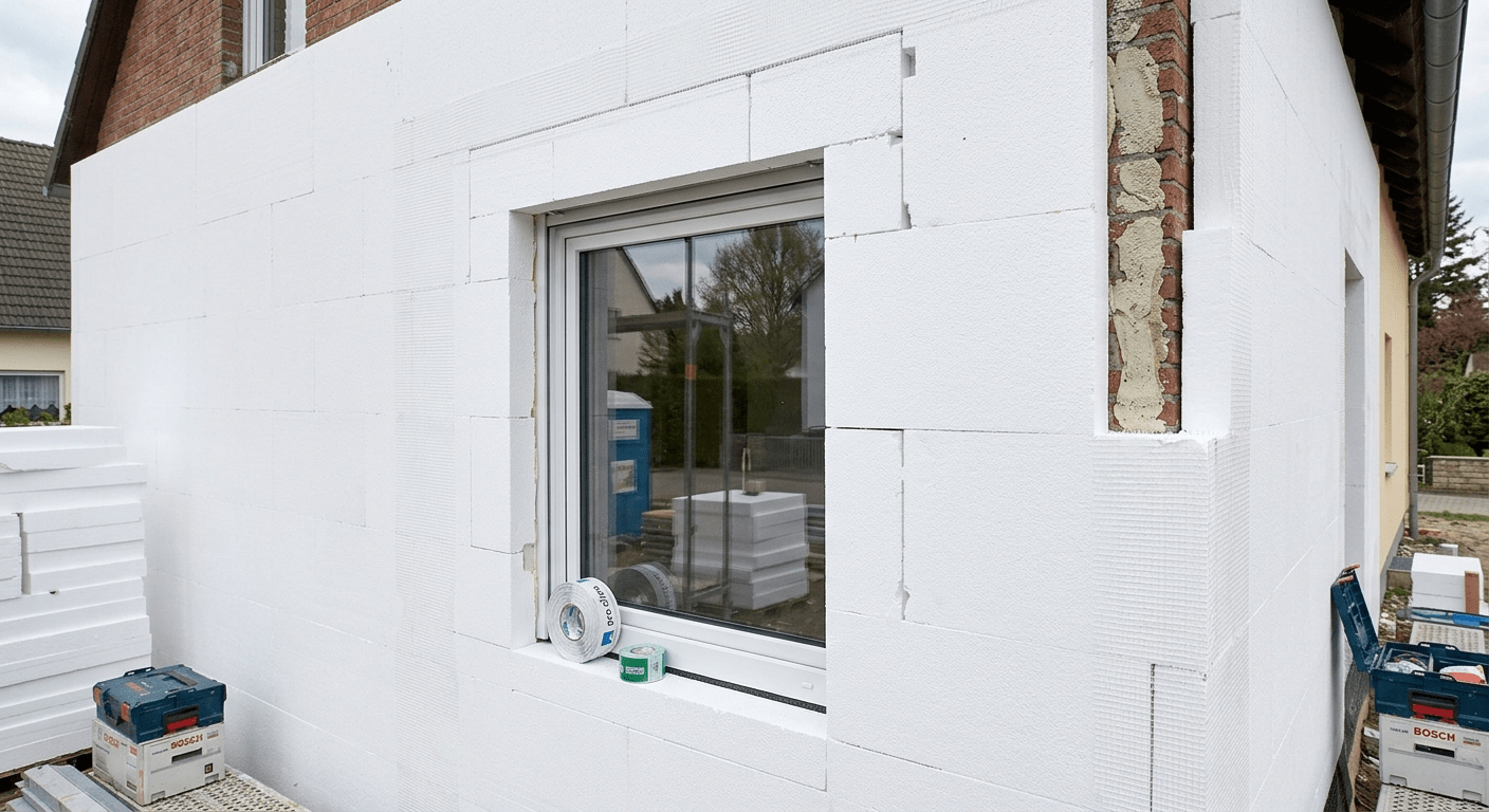 Fassadendämmung im Bau: angebrachte Dämmplatten rund um ein Fenster