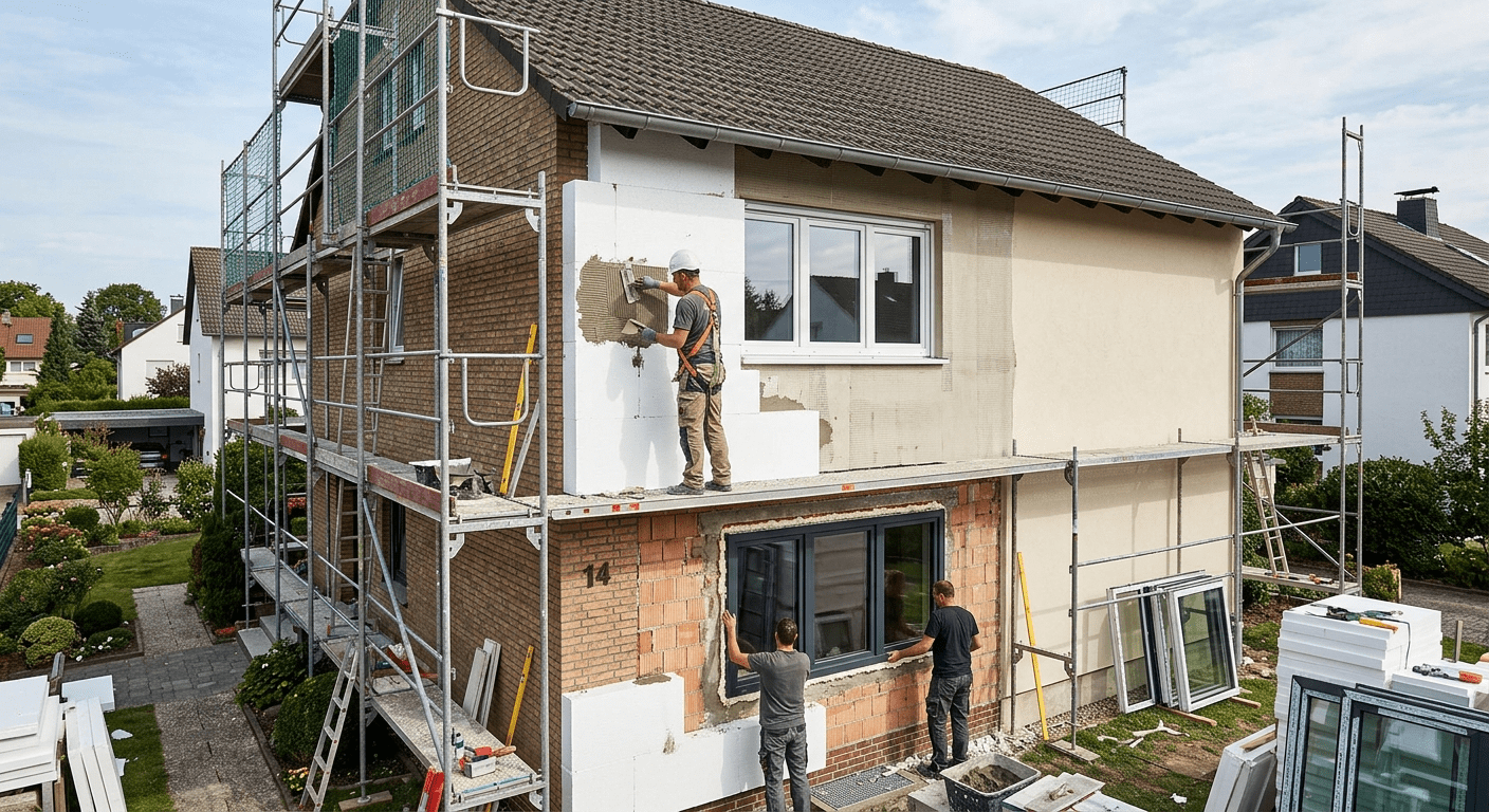 Fassadendämmung mit neuem Fenstereinbau an einem Wohnhaus