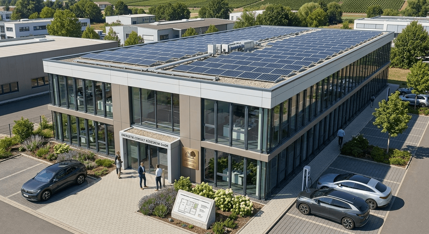 Gewerbegebäude mit Photovoltaikanlage auf dem Flachdach