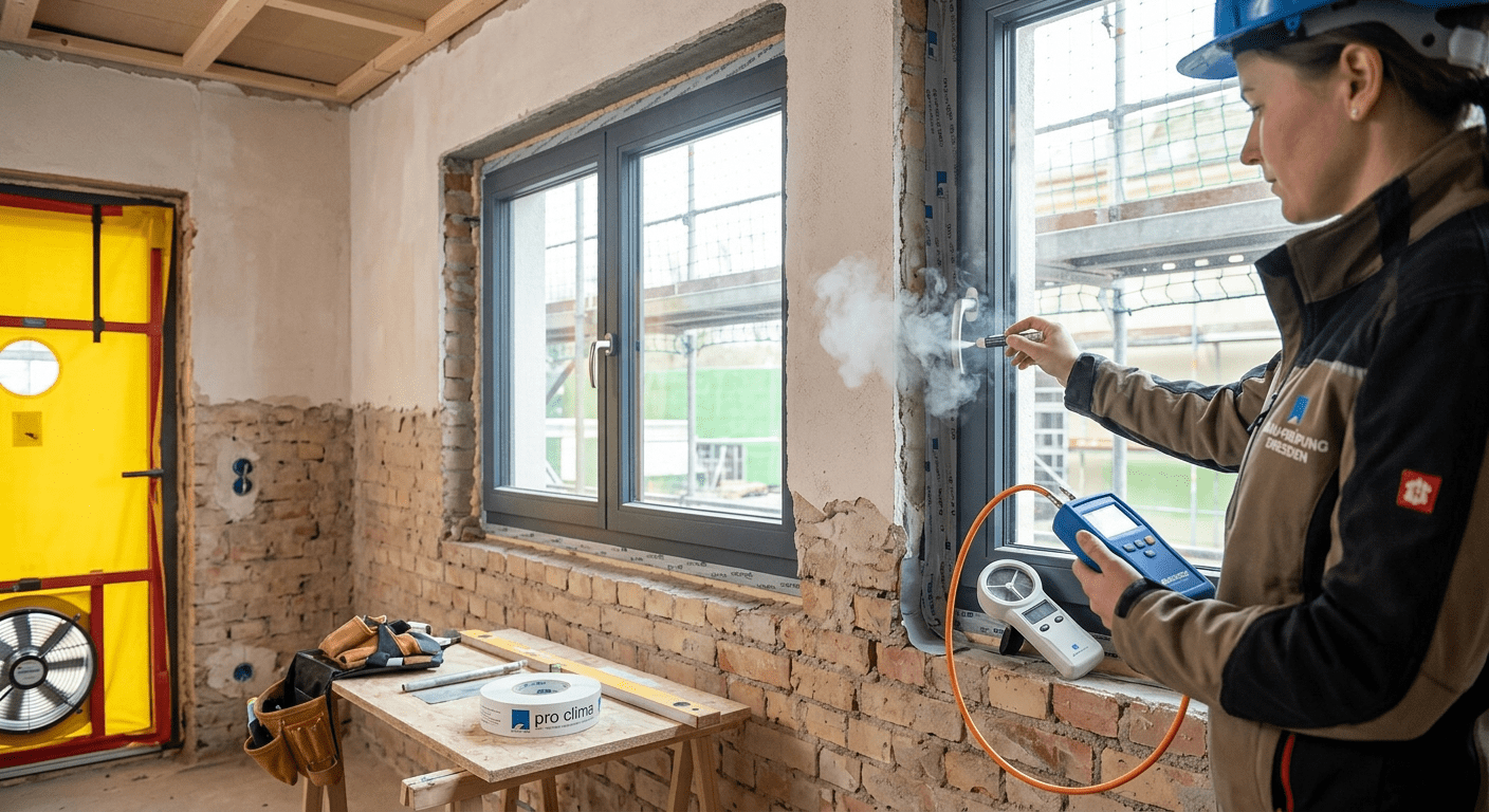 Prüfung der Luftdichtheit an einem Fensteranschluss während der Bauphase