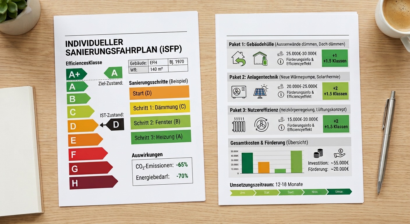 Beispielseiten eines individuellen Sanierungsfahrplans mit farbigen Effizienzklassen und Maßnahmenpaketen